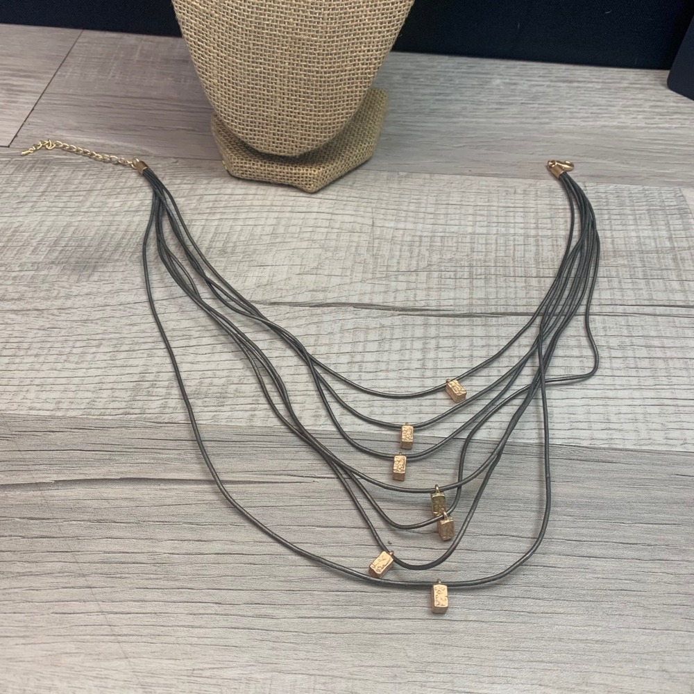Multi Strand Grey Cord Necklace Rose Gold Tone Textured Bead Layered 16 Inch